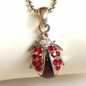Silver Crystal Ladybug Necklace 17" Pendant Insect